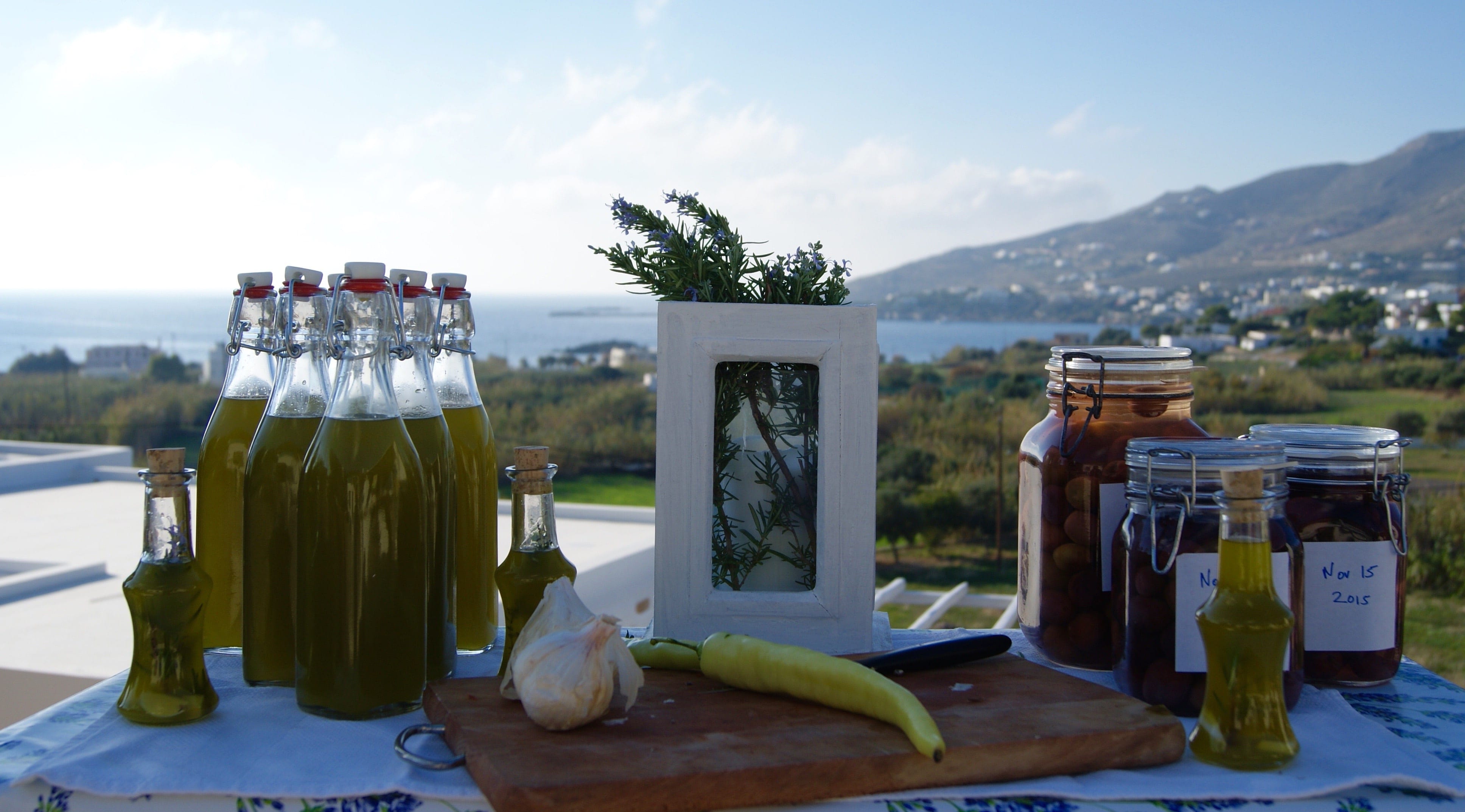 Bottles of olive oil. Farm holidays Greece.